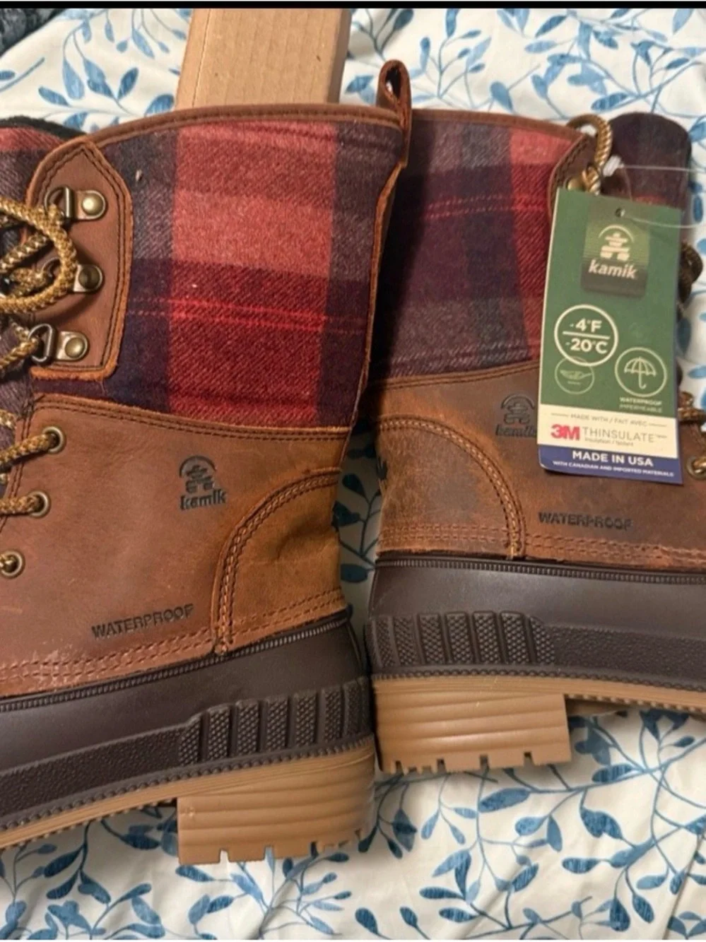 Kamik Brown & Burgundy Plaid Waterproof Winter Boots